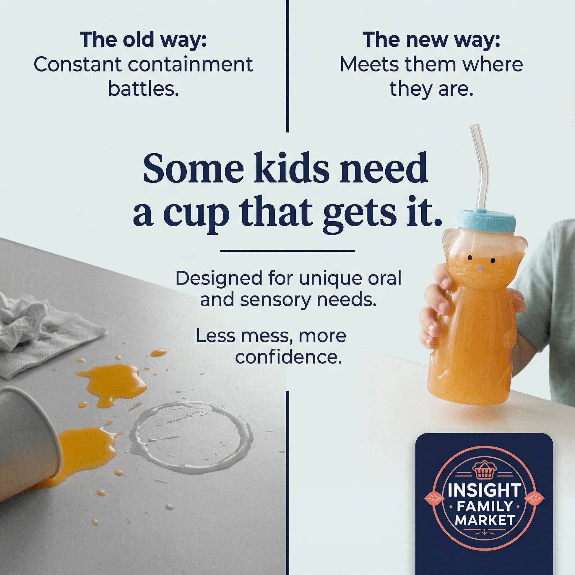 Spill-proof sensory cup for kids with straw, designed for less mess and unique sensory needs.