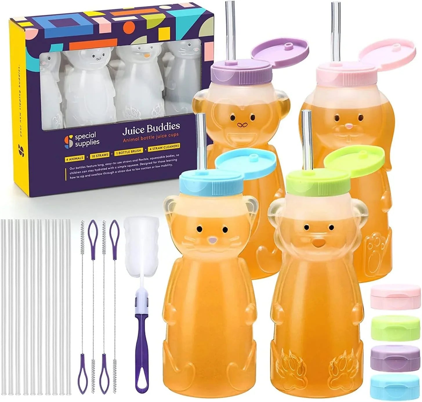 Animal-shaped sensory juice bottles with straws, colorful lids, and cleaning brushes