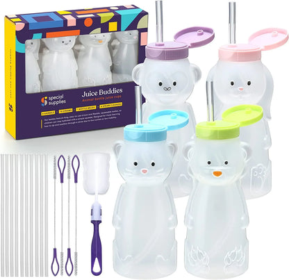 Set of four animal-shaped juice bottles with colored lids, straws, and cleaning brushes