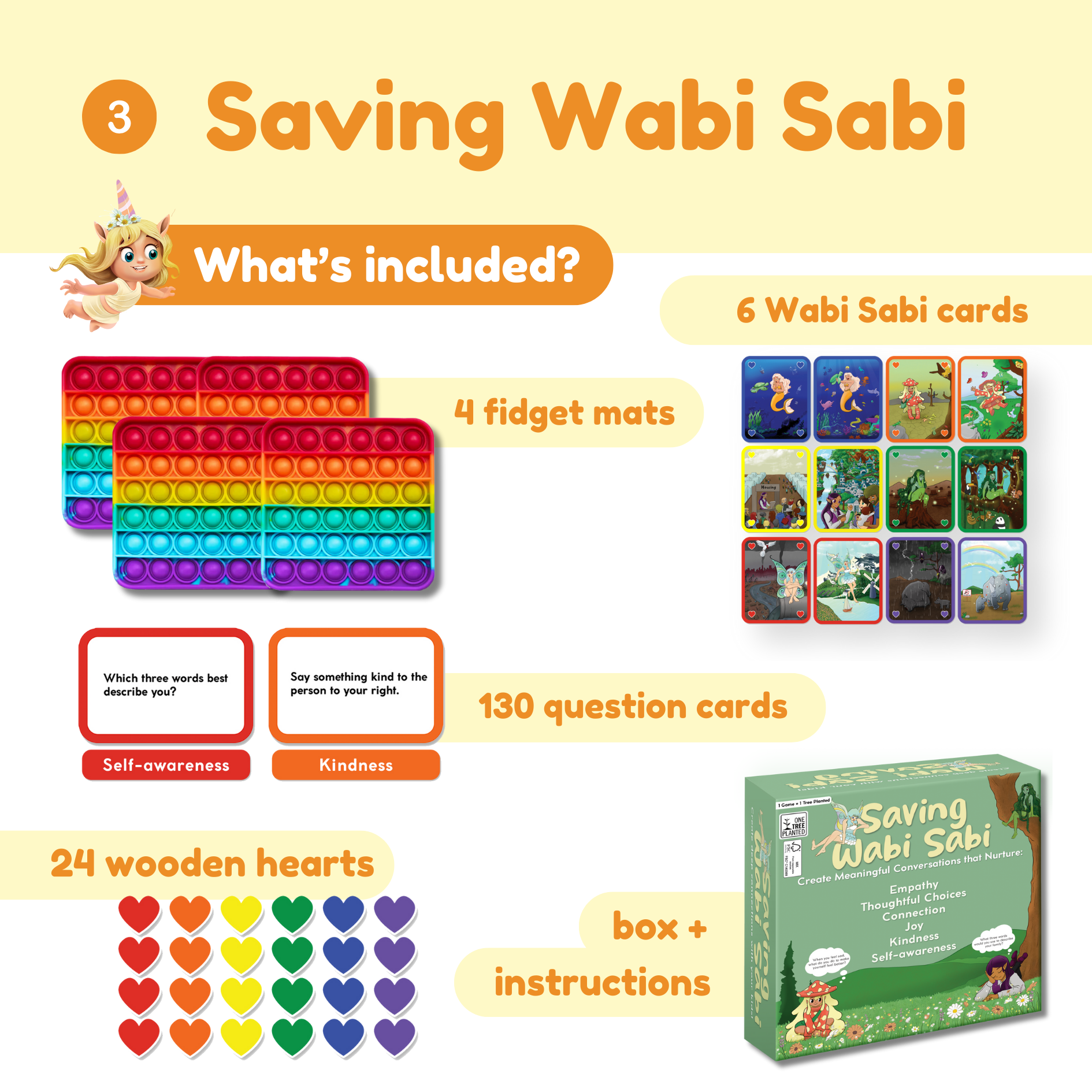 Product packaging for 'Saving Wabi Sabi' with colorful fidget mats, question cards, and wooden hearts on a yellow background.