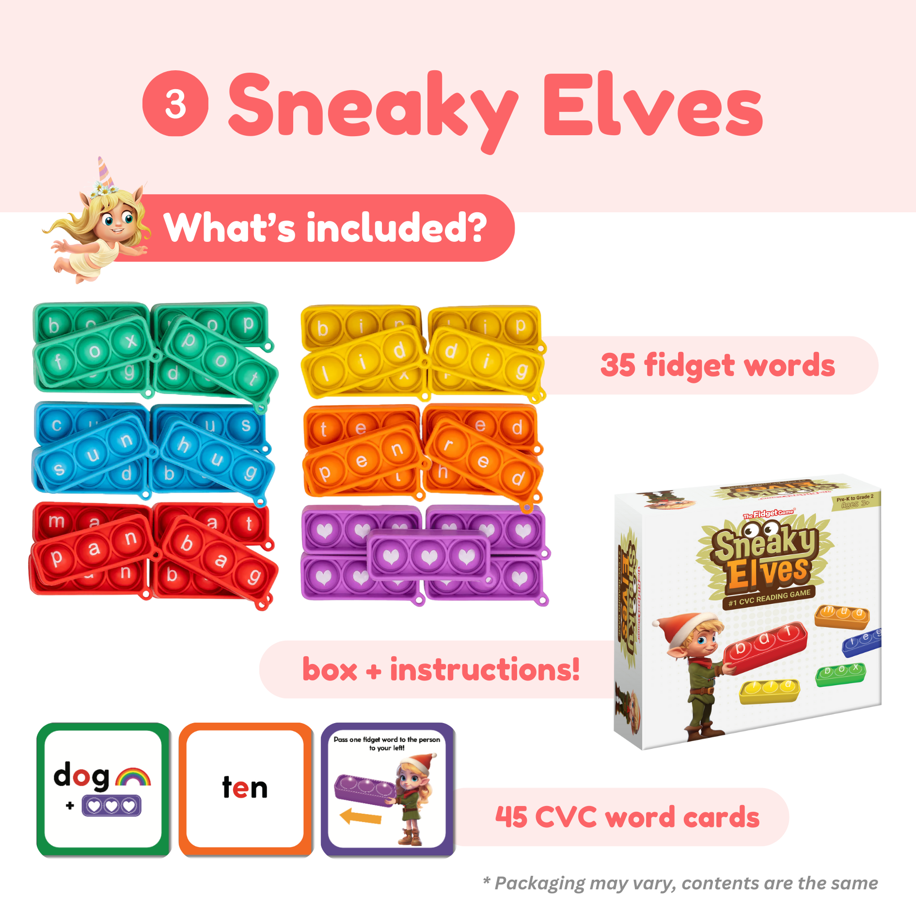 Product packaging for 'Sneaky Elves' fidget toys with colorful compartments and word cards.