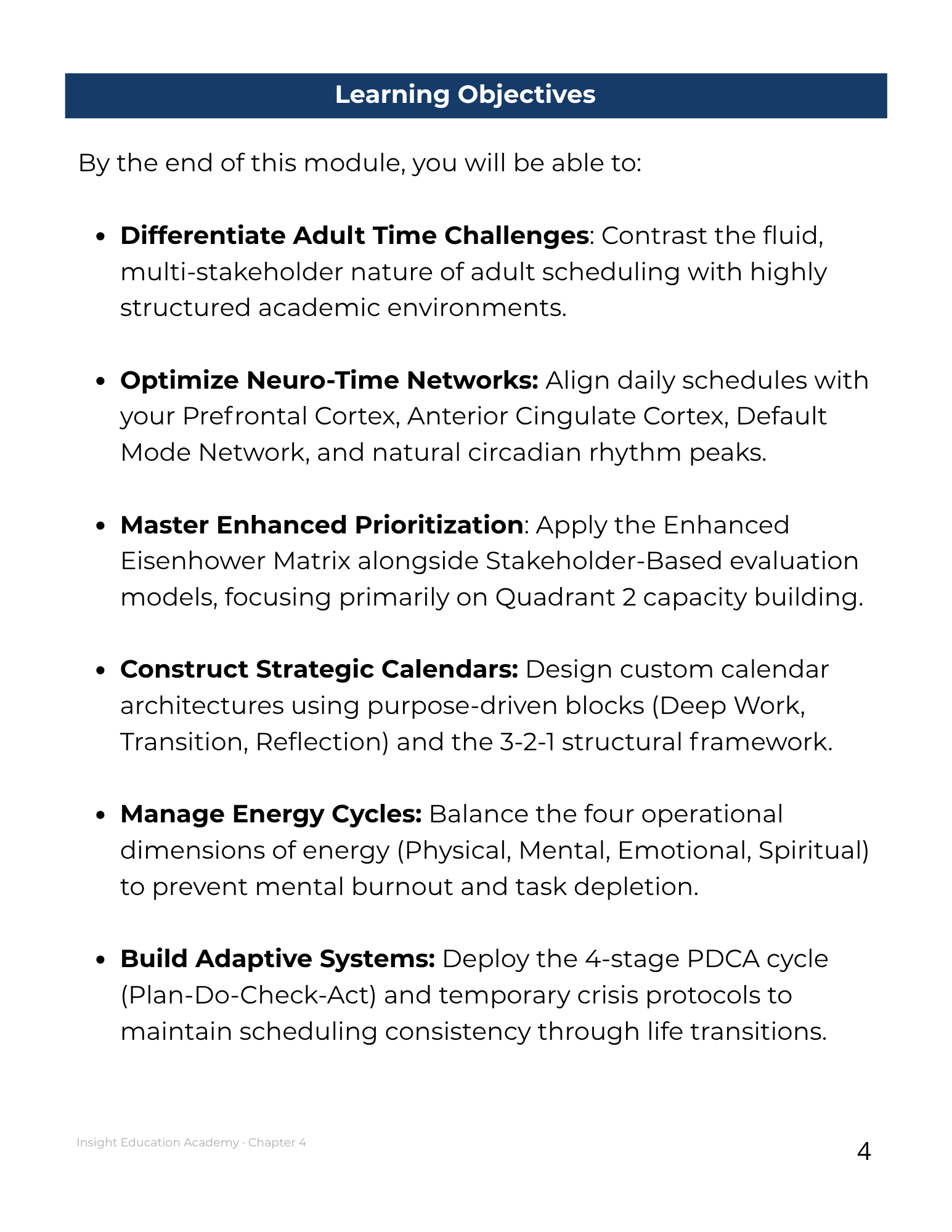 Learning objectives list for a module on adult time challenges and scheduling strategies.