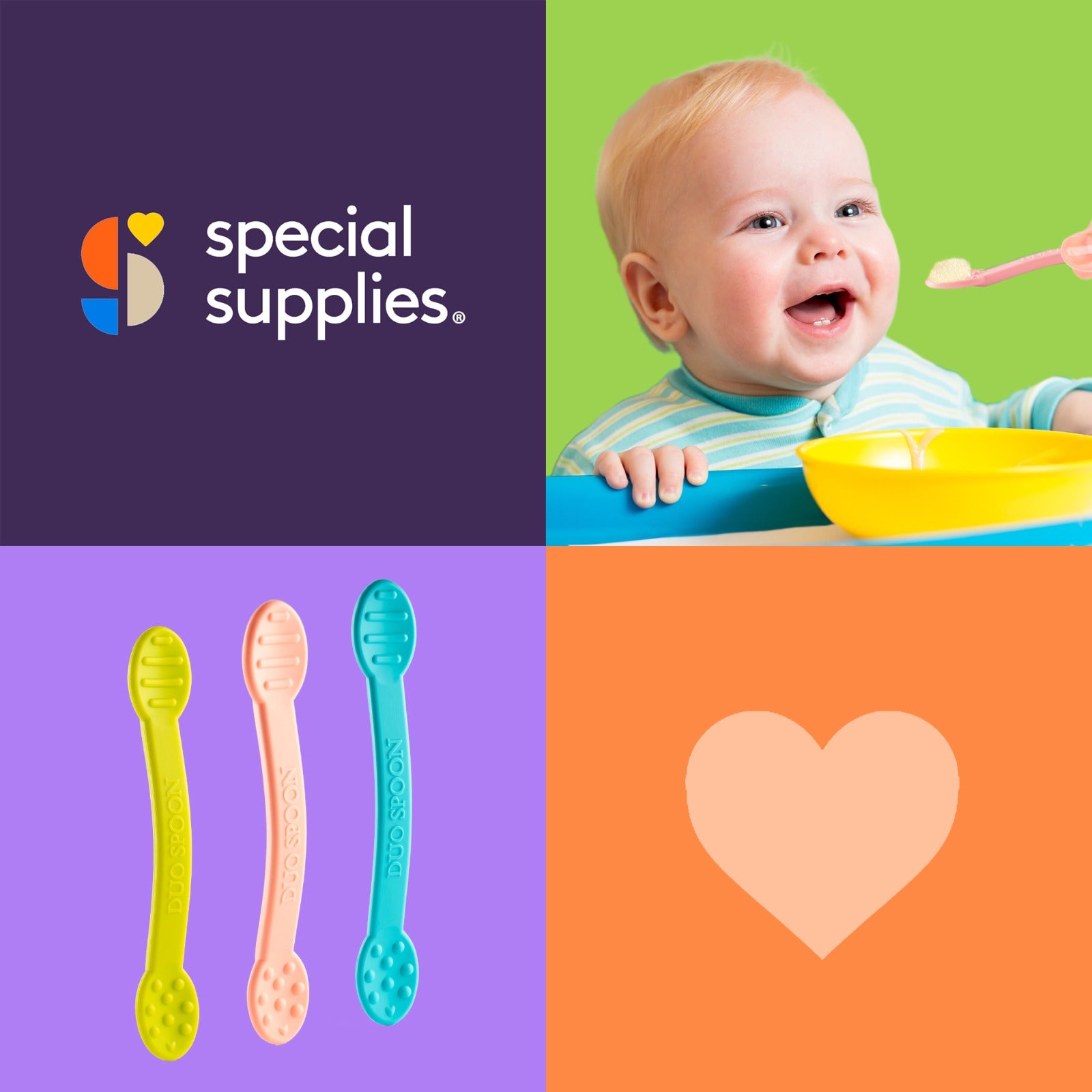 Promotional image for 'special supplies' with a baby, colorful spoons, and a heart symbol.