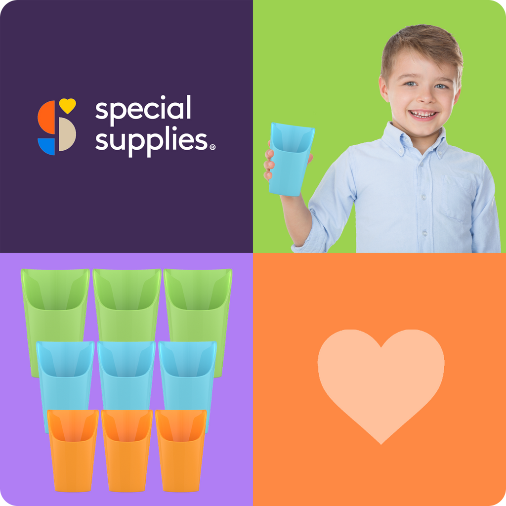 Promotional graphic for Special Supplies with colorful cups and a child holding a cup.