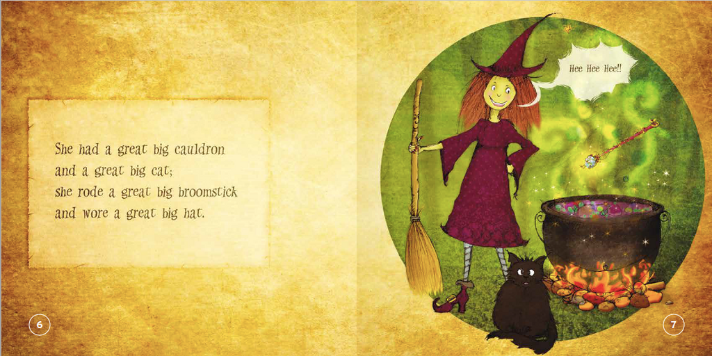 Illustration of a witch with a cauldron and broomstick, surrounded by text on a yellow background.