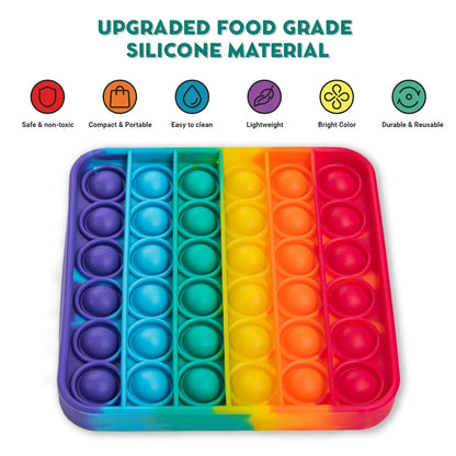 Rainbow silicone pop sensory fidget toy, square shape, safe non-toxic, easy to clean.