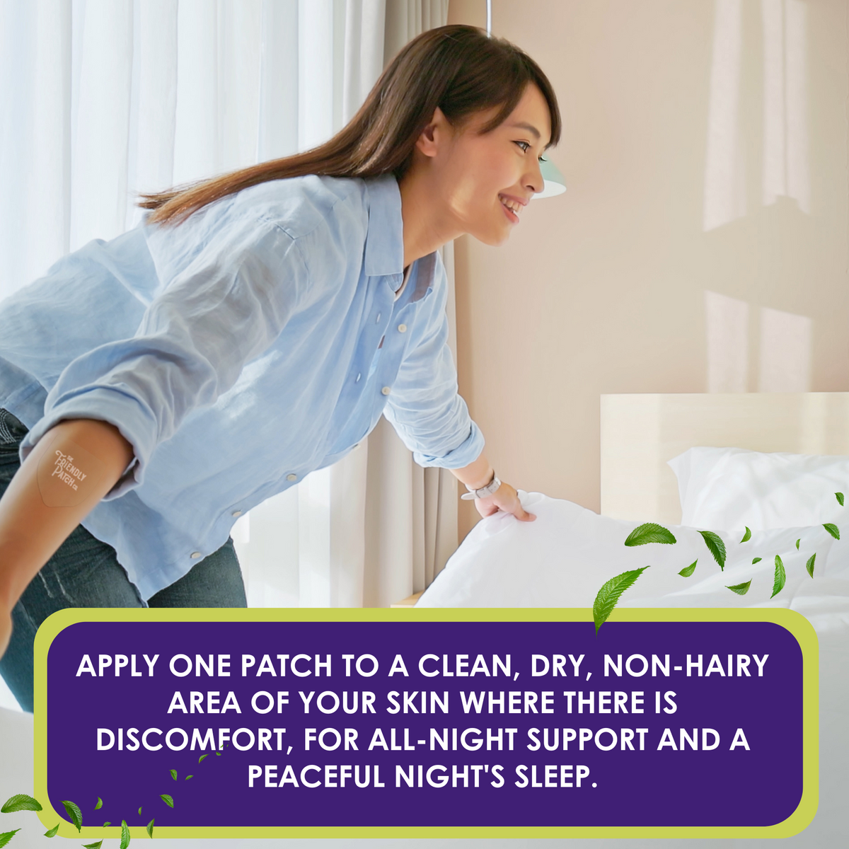Woman applying a patch on her arm with text about nighttime discomfort relief.