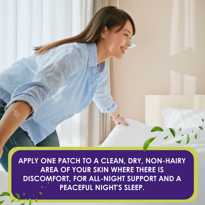 Woman applying a patch on her arm with text about nighttime discomfort relief.