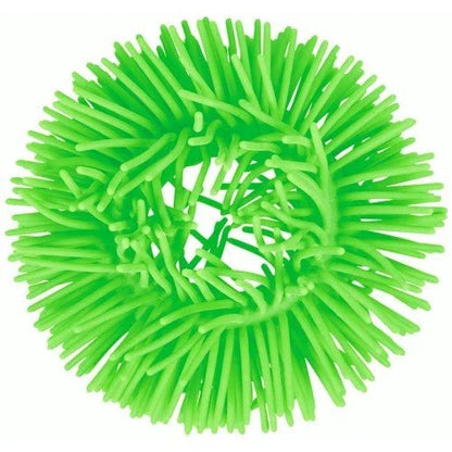 Bright green sensory fidget bracelet with squiggly textured strands, top view
