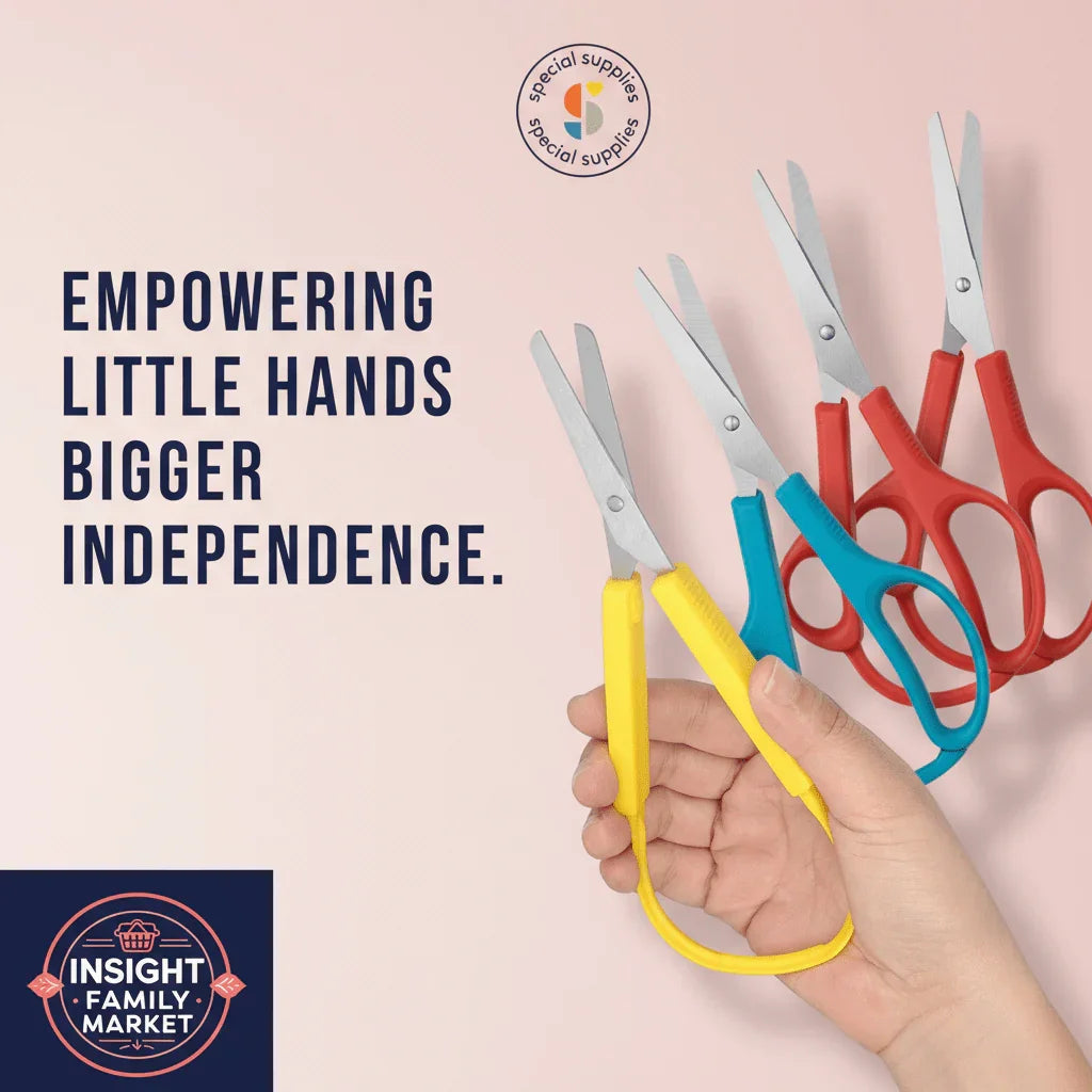 Hand holding yellow adaptive scissors, sensory-friendly scissors for kids with special needs.