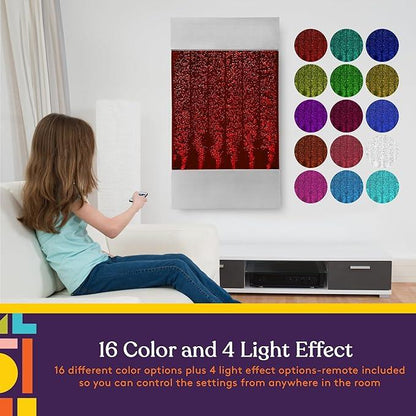 Girl using remote to adjust sensory bubble wall panel with 16 color light options in living room.