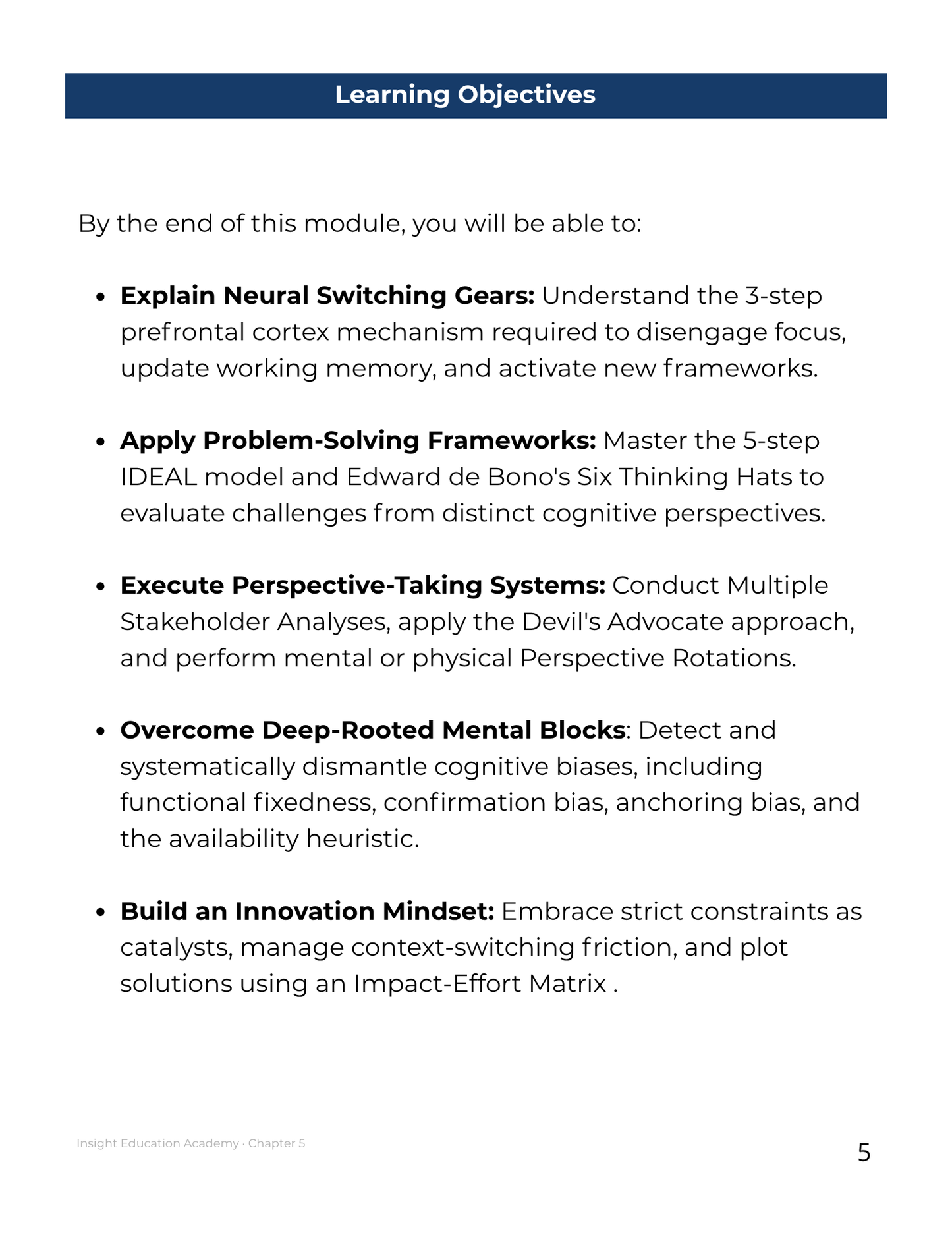 Learning objectives list for a module on cognitive skills and problem-solving strategies.
