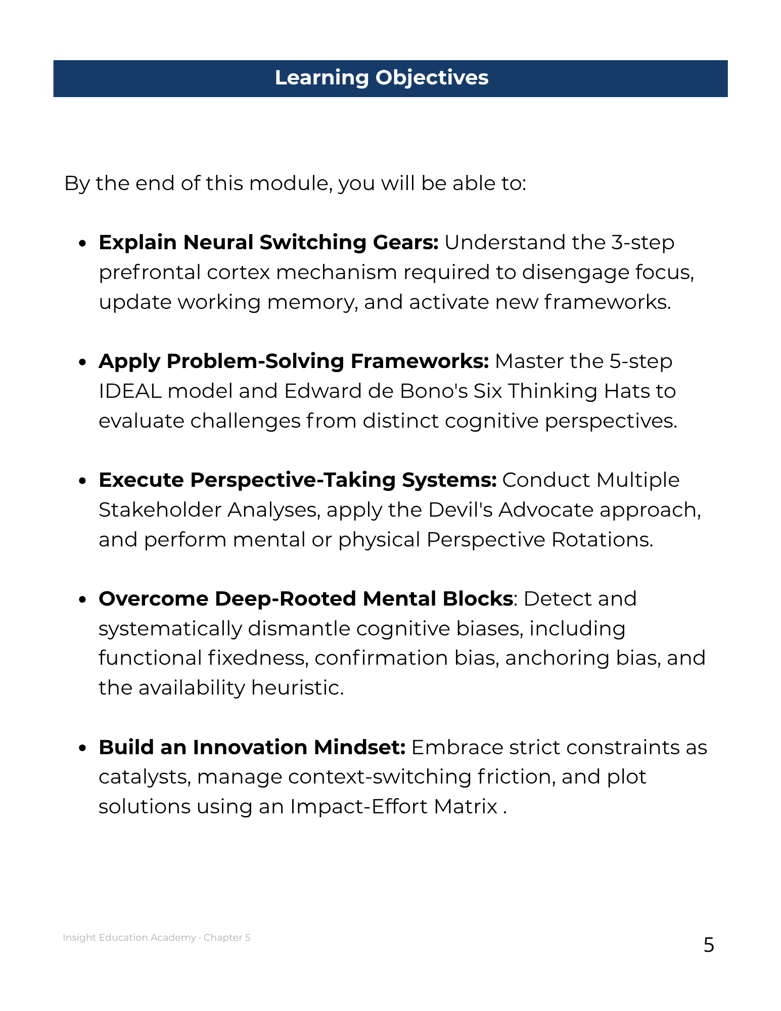 Learning objectives list for a module on cognitive skills and problem-solving strategies.