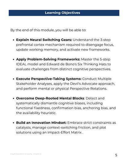 Learning objectives list for a module on cognitive skills and problem-solving strategies.