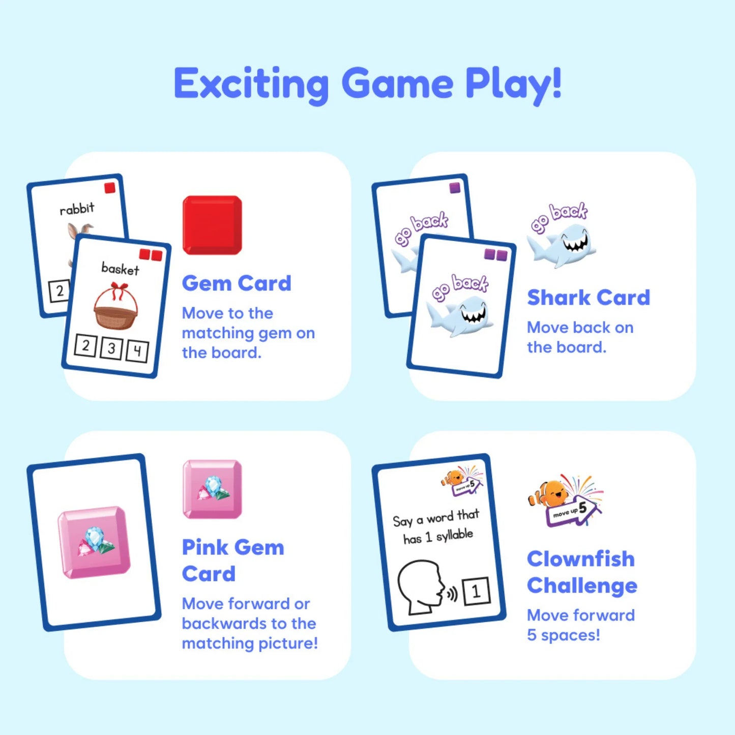 Colorful game cards including gem, shark, and clownfish challenge for kids’ learning board game.