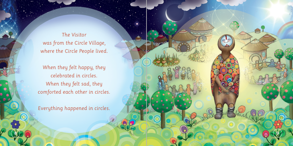 Illustration of a character from 'The Visitor' book with text about the Circle People and their village.