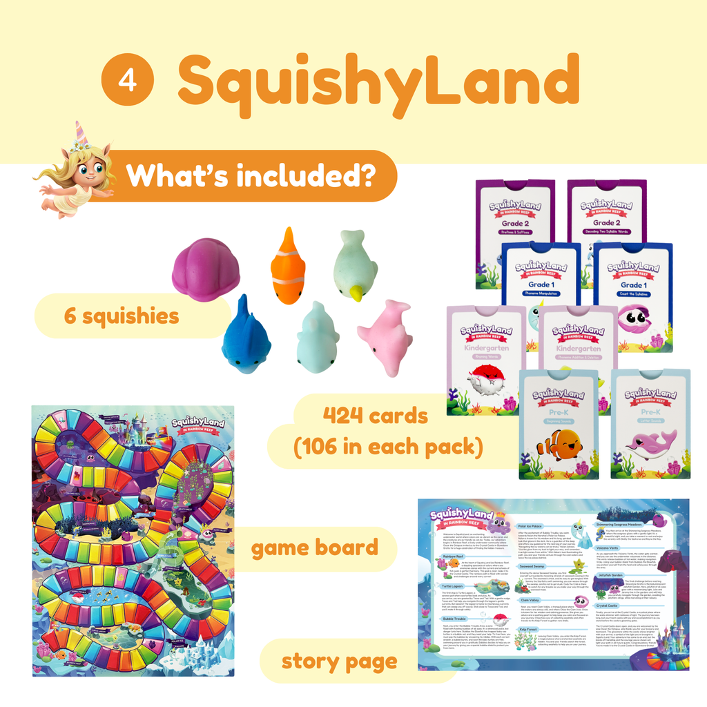 SquishyLand product set with squishies, cards, game board, and story page on a yellow background.