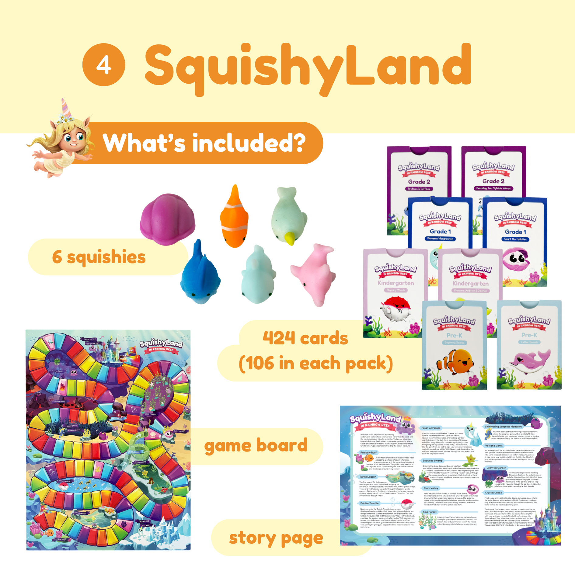 SquishyLand product set with squishies, cards, game board, and story page on a yellow background.
