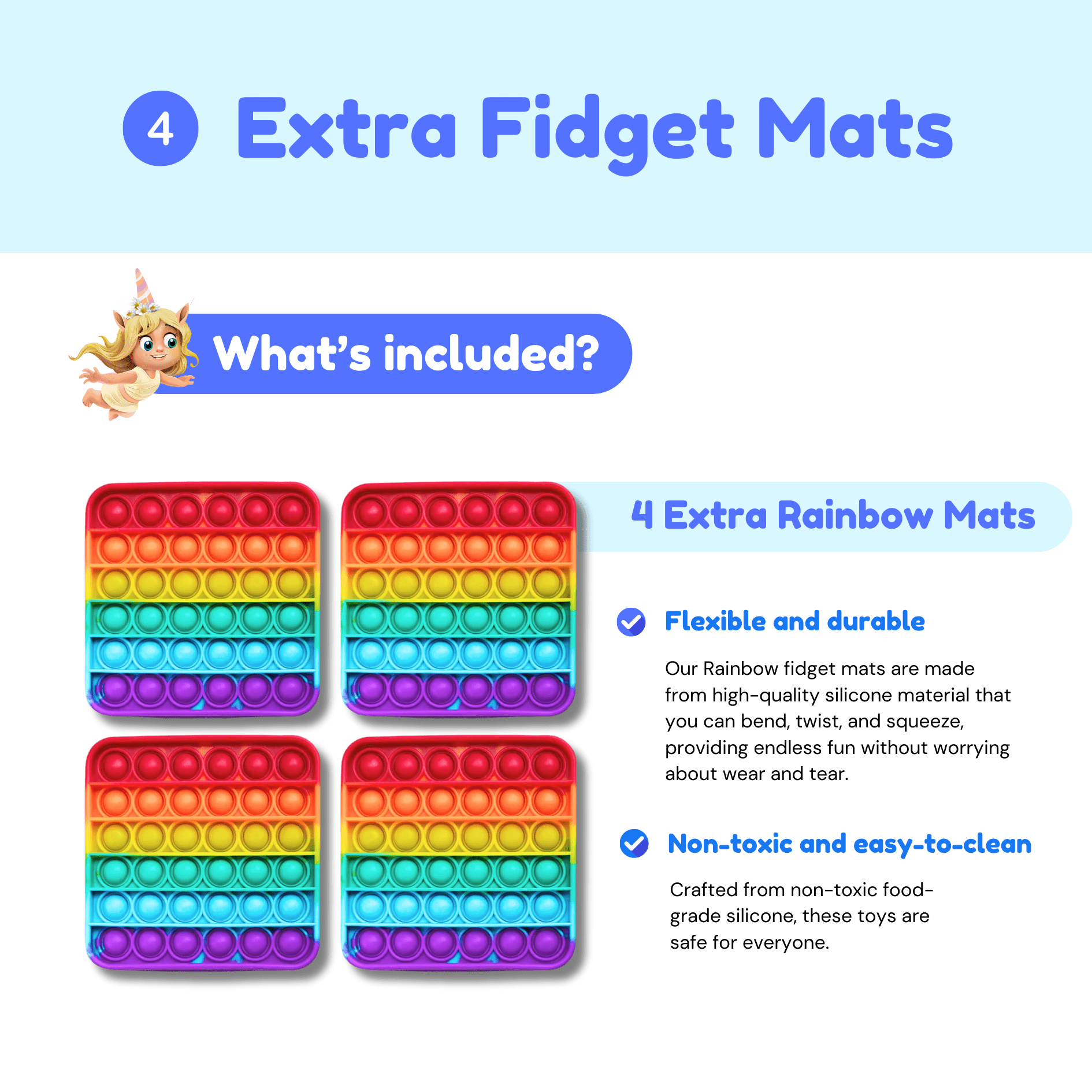 Four rainbow fidget mats with text about their features on a blue background