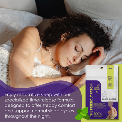 Woman lying in bed with a product packaging for sleep aid patches.