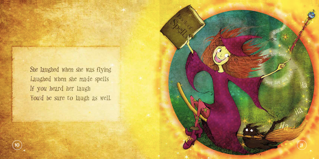 Colorful illustration of a witch with a broom and a hat labeled 'Sorceress' on a yellow background.