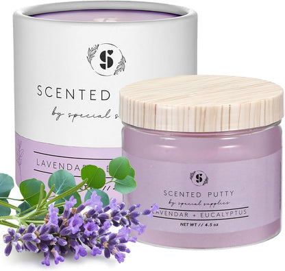 Lavender eucalyptus scented putty in a jar with floral accents, sensory calming product