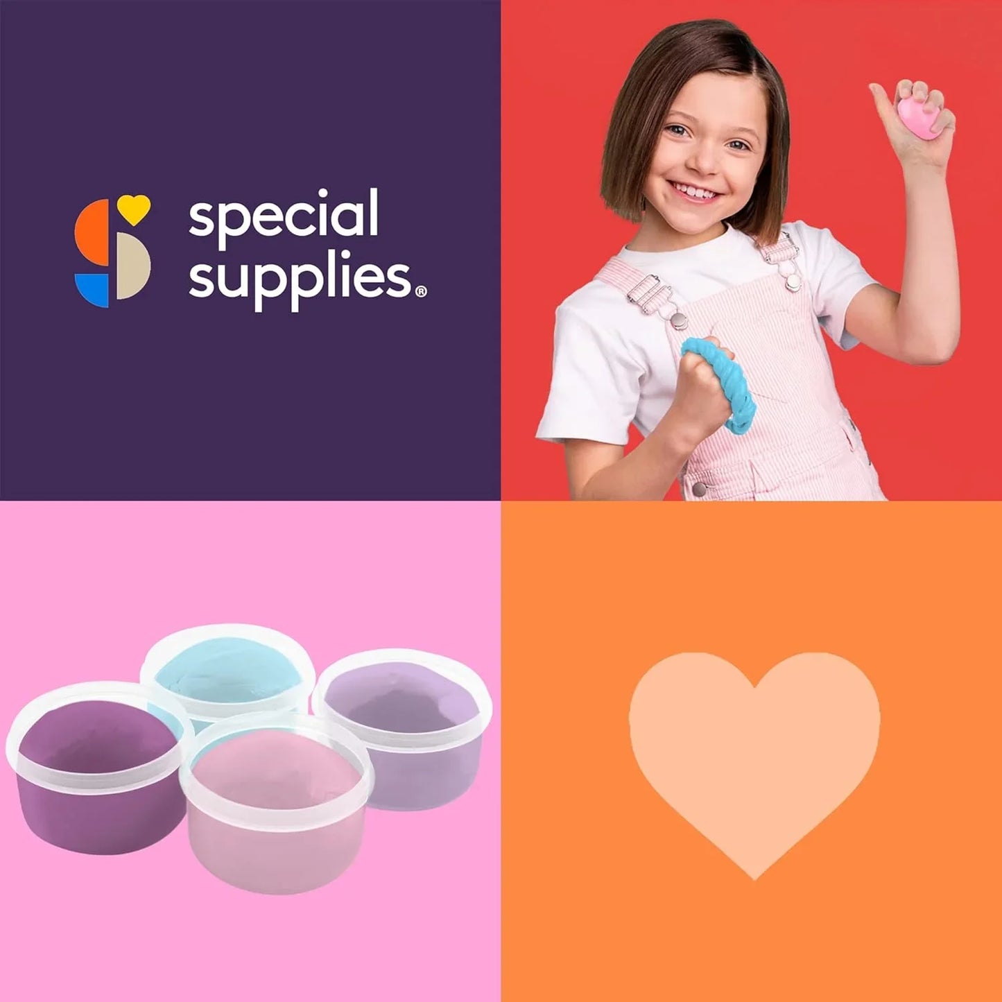 Child holding sensory putty, colorful containers of putty, brand logo, heart icon.