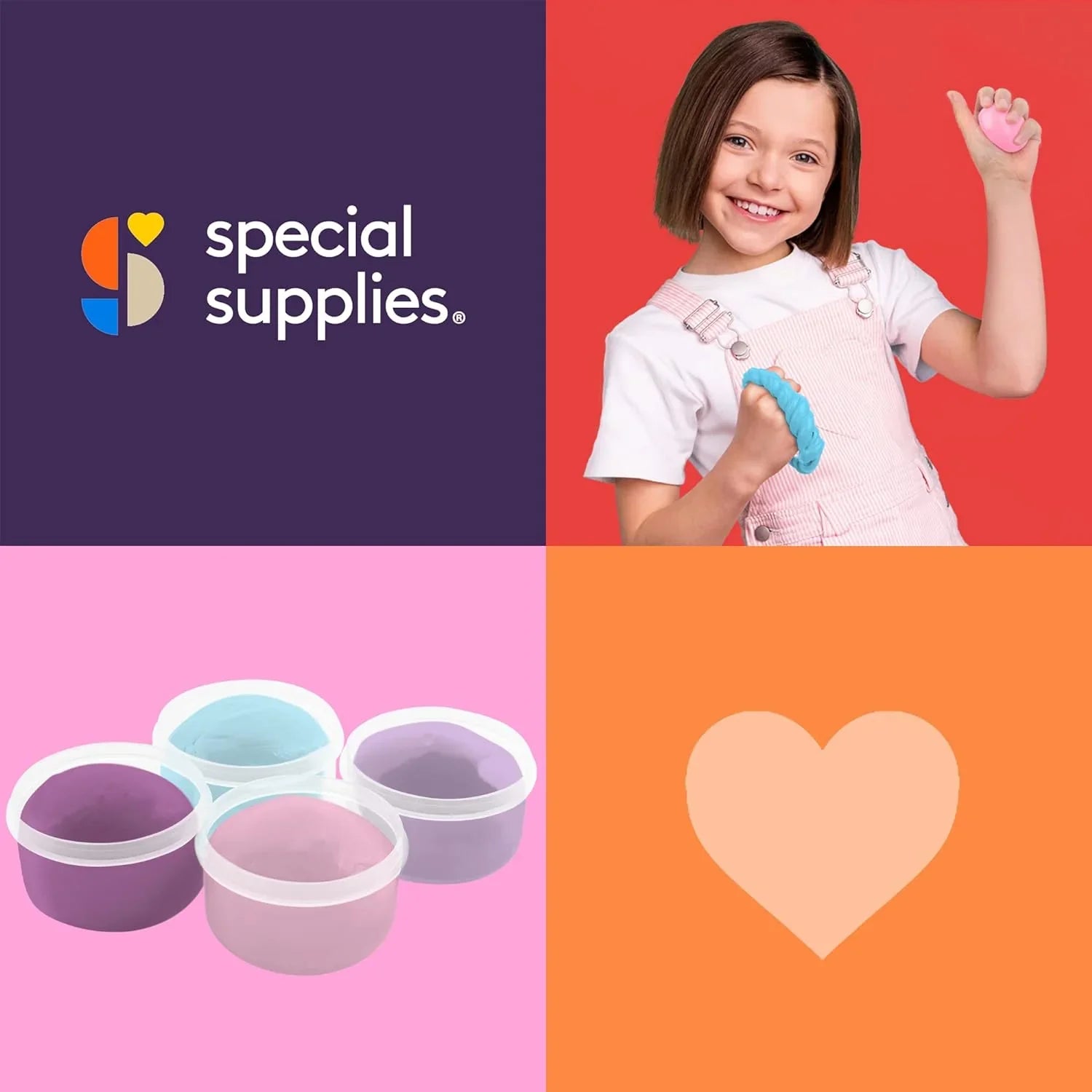 Child holding sensory putty, colorful containers of putty, brand logo, heart icon.
