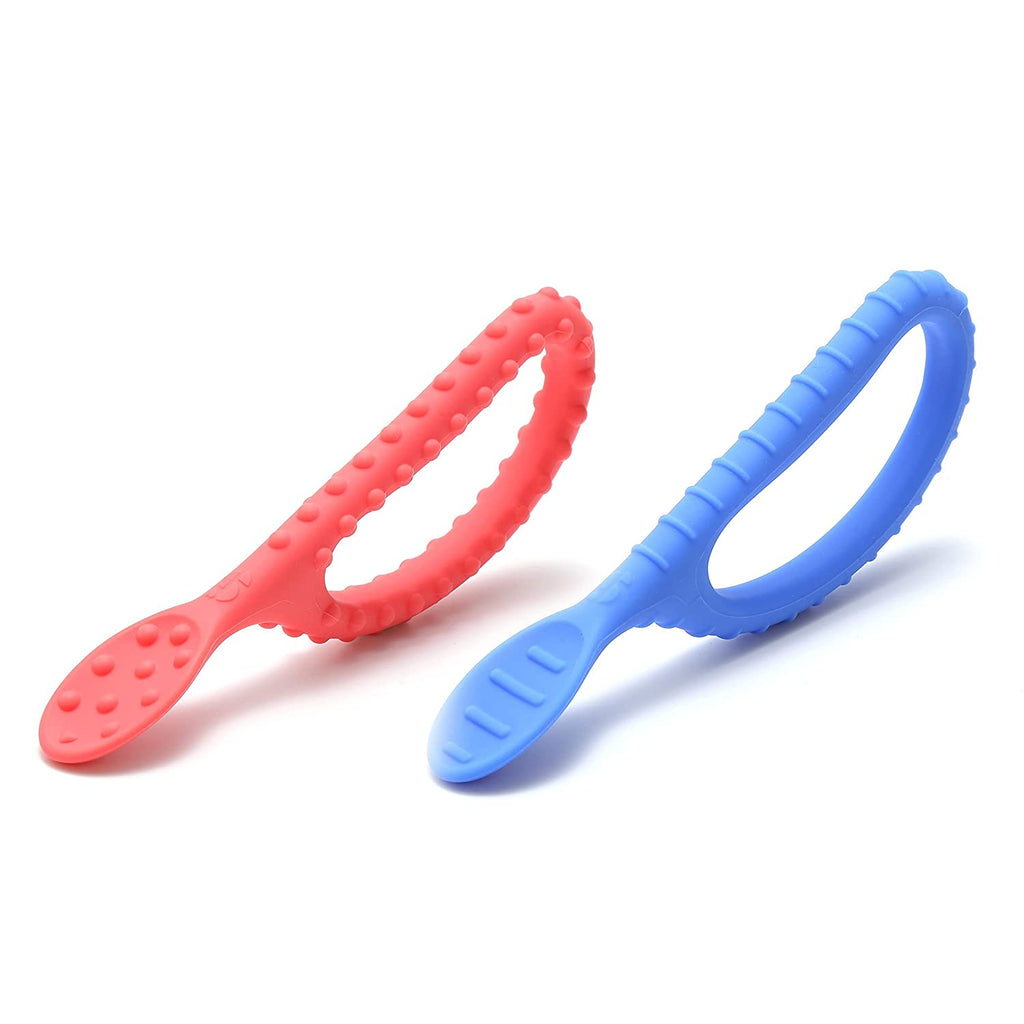 Special Supplies Duo Spoon Loops Oral Motor Therapy Tools, 2 Pack, Textured Stimulation and Sensory Input Treatment for Babies, Toddlers or Kids, BPA Free Silicone with Flexible, Easy Handle - Red & Blue - Insight Family Market