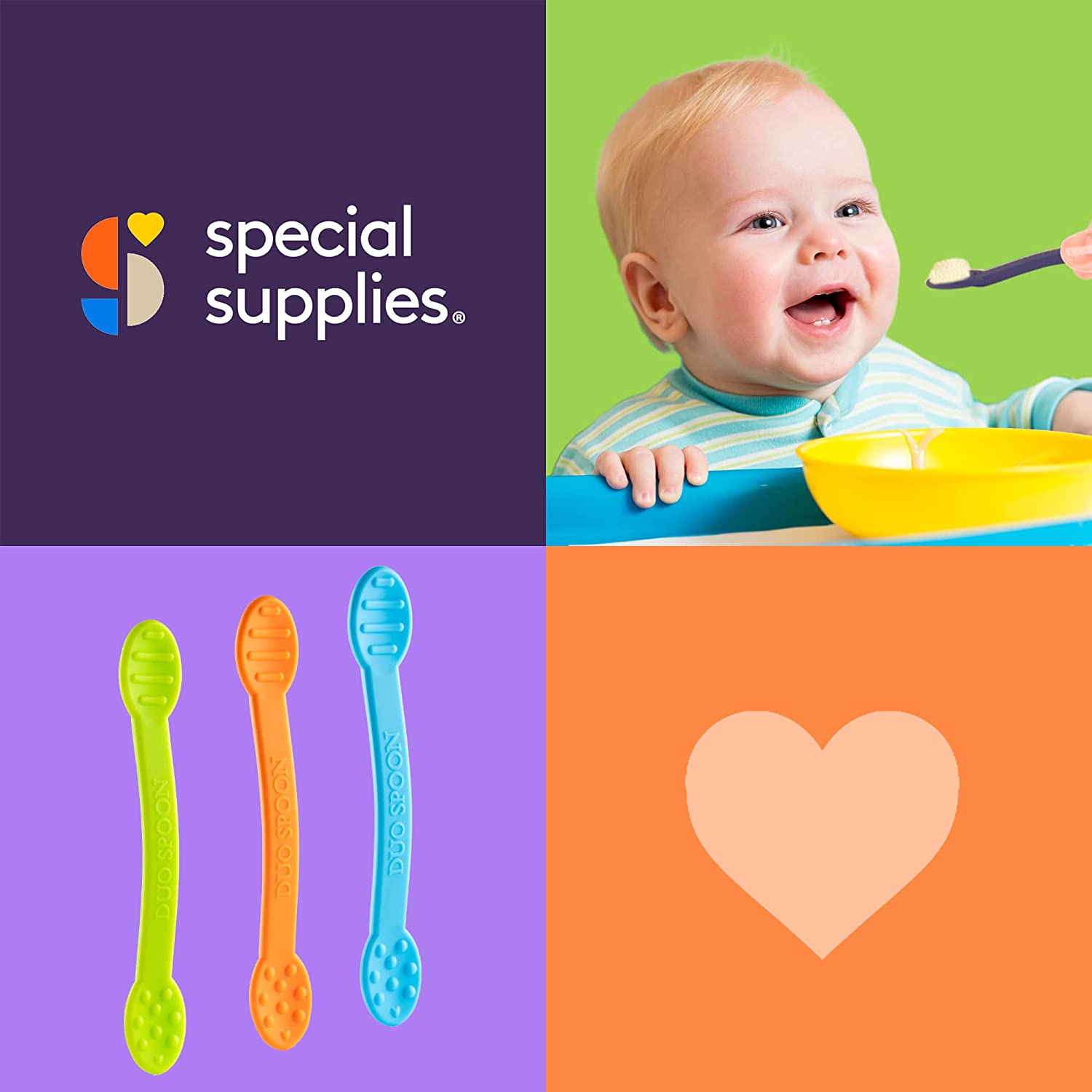 Promotional image for 'special supplies' with a child eating, colorful spoons, and a heart symbol.
