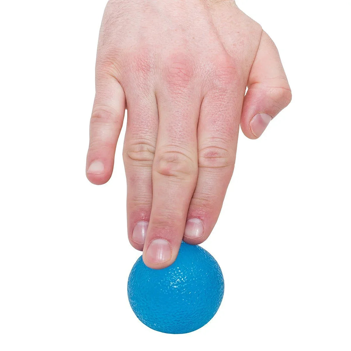 Hand pressing blue textured sensory stress ball for fidgeting and fine motor skills