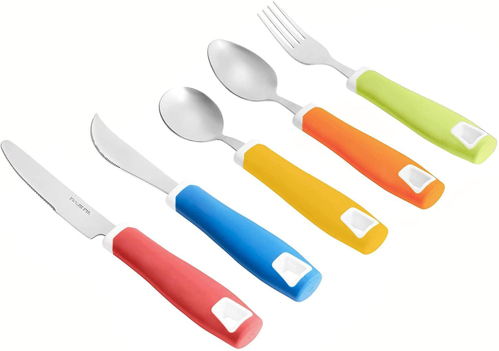 Set of 5 Colored Adaptive Utensils - Stainless Steel Knife, Rocker Knife, Fork, Soup Spoon, Dinner Spoon - Insight Family Market