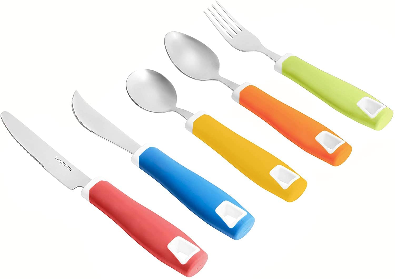 Set of 5 Colored Adaptive Utensils - Stainless Steel Knife, Rocker Knife, Fork, Soup Spoon, Dinner Spoon - Insight Family Market