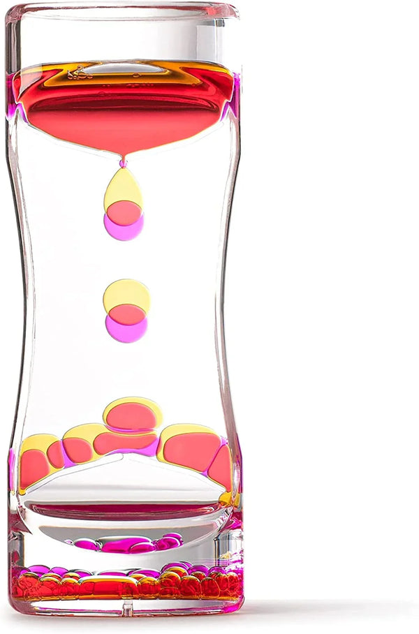 Sensory liquid motion timer pink and yellow bubbles in clear hourglass-shaped tube