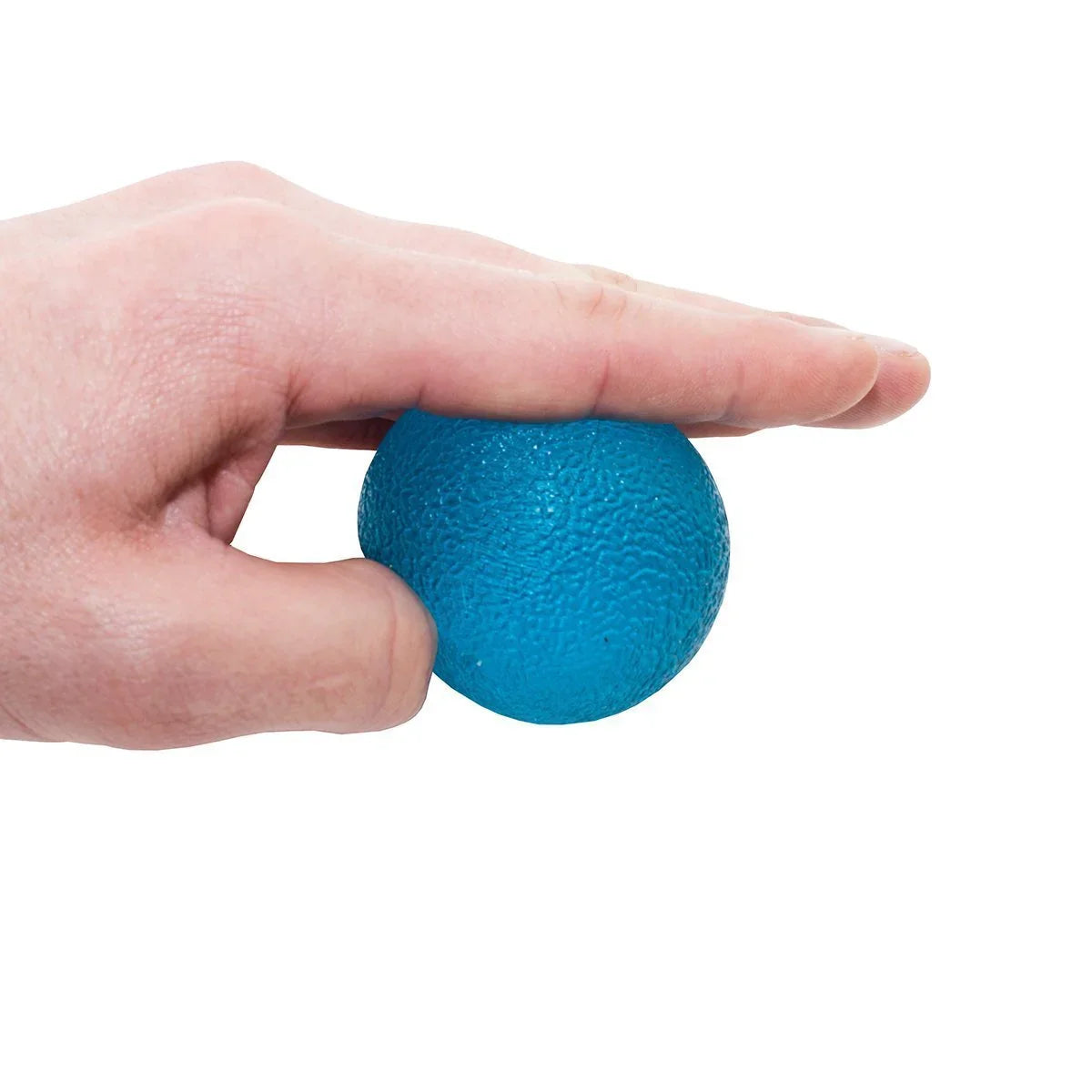 Hand squeezing a textured blue stress ball, sensory tool for fidgeting and focus support