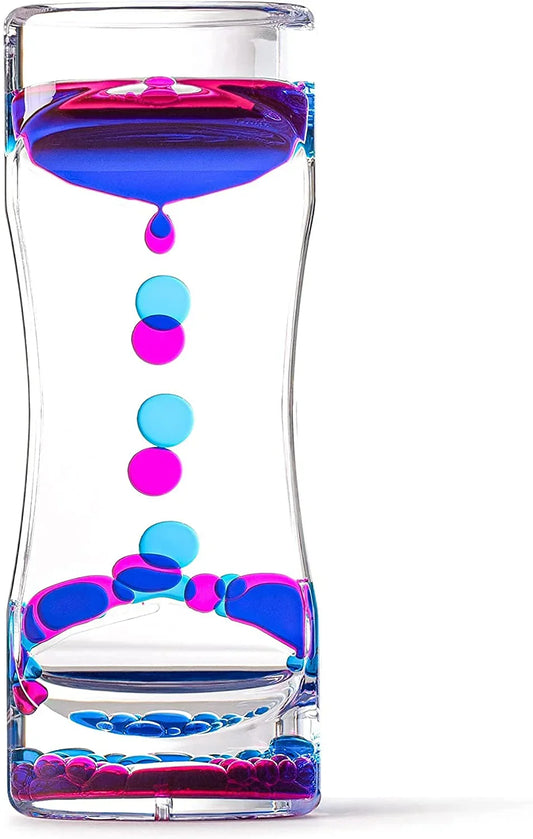 Sensory liquid motion bubbler timer with blue and pink oil drops in clear hourglass tube