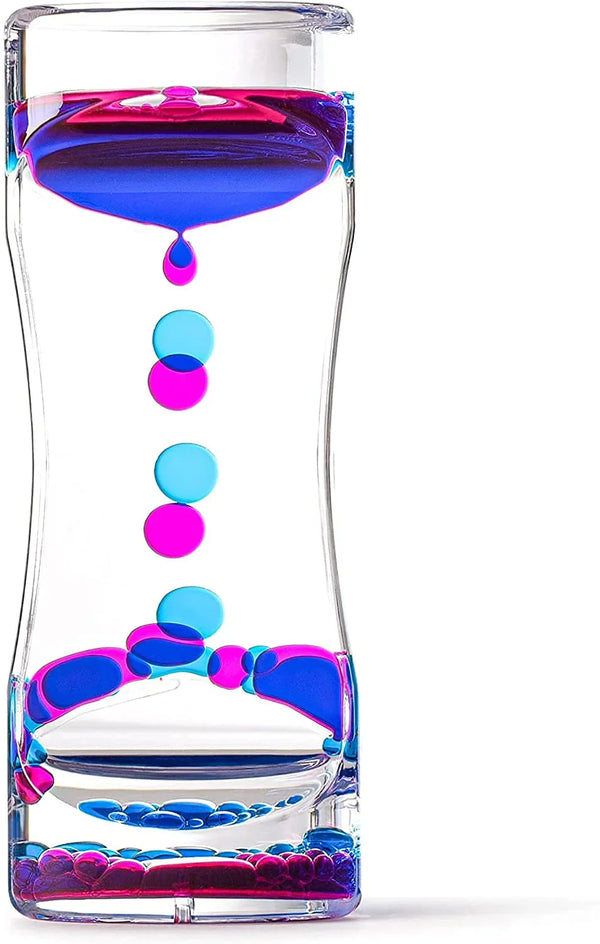 Sensory liquid motion bubbler timer with blue and pink oil drops in clear hourglass tube