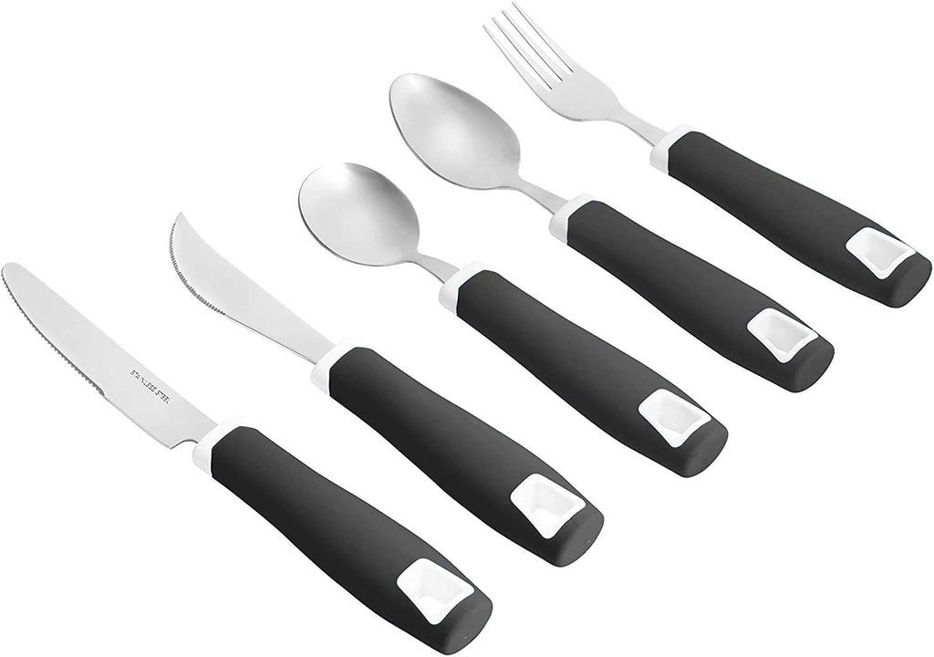 Set of 5 Black Adaptive Utensils - Stainless Steel Knife, Rocker Knife, Fork, Soup Spoon, Dinner Spoon - Insight Family Market