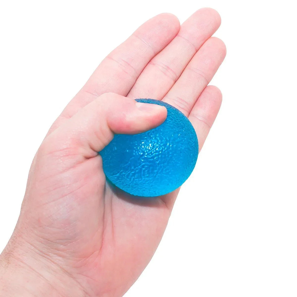 Hand holding a blue sensory stress ball for fidgeting or sensory support