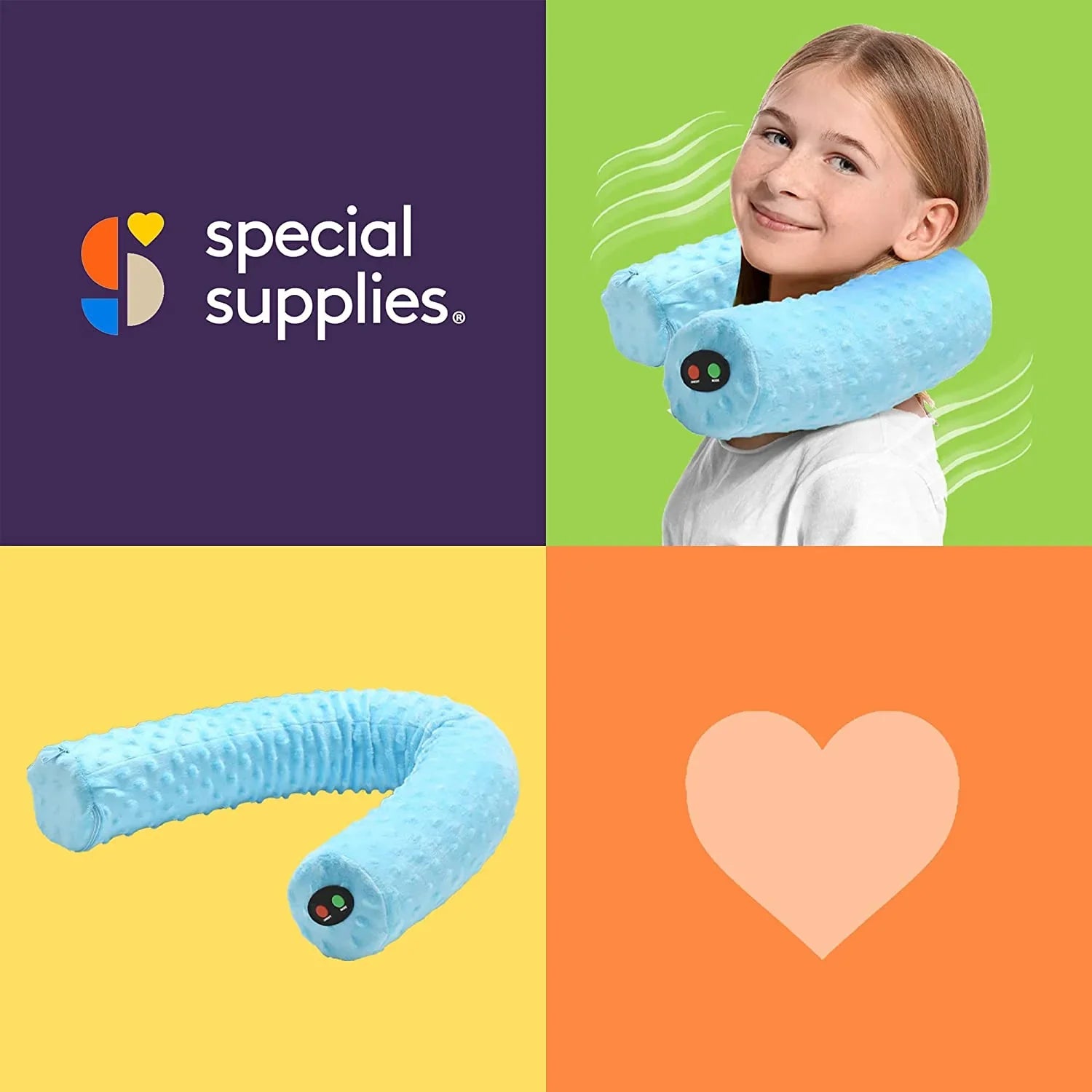Child using a blue sensory neck pillow for calming and comfort, special supplies brand.