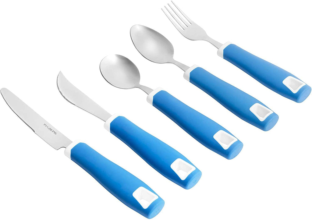 Set of 5 Blue Adaptive Utensils - Stainless Steel Knife, Rocker Knife, Fork, Soup Spoon, Dinner Spoon - Insight Family Market