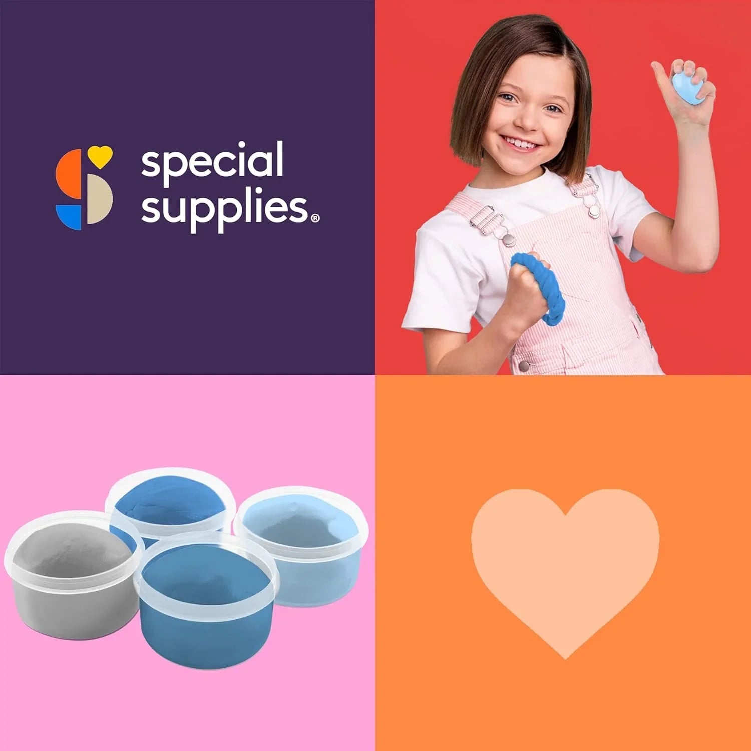 Child playing with sensory therapy putty, containers of blue therapy putty shown.