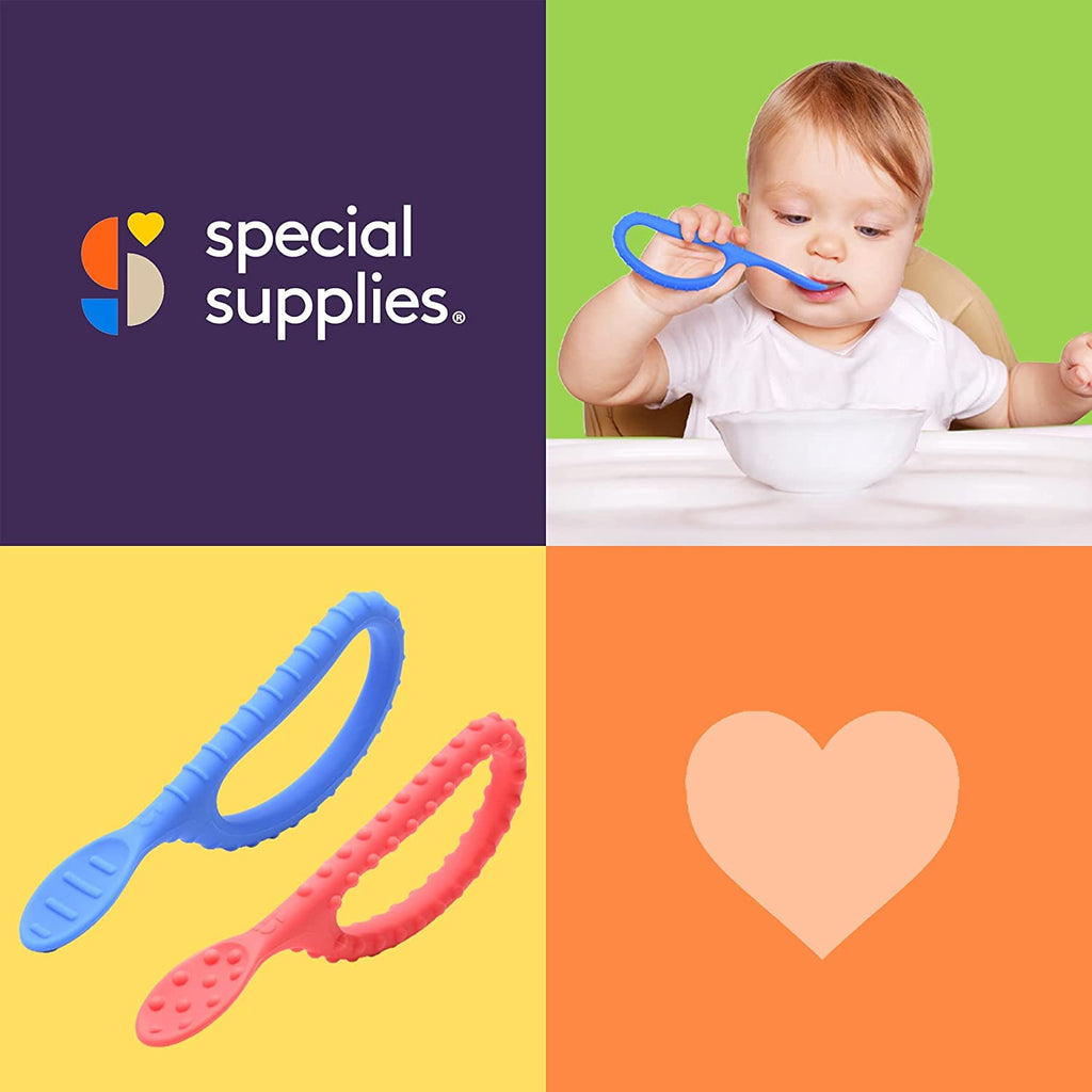 Special Supplies Duo Spoon Loops Oral Motor Therapy Tools, 2 Pack, Textured Stimulation and Sensory Input Treatment for Babies, Toddlers or Kids, BPA Free Silicone with Flexible, Easy Handle - Red & Blue - Insight Family Market