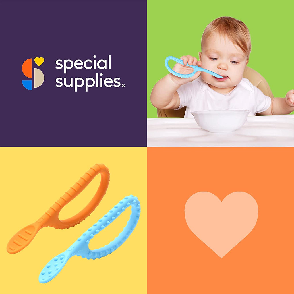 Special Supplies Duo Spoon Loops Oral Motor Therapy Tools, 2 Pack, Textured Stimulation and Sensory Input Treatment for Babies, Toddlers or Kids, BPA Free Silicone with Flexible, Easy Handle - Blue & Orange - Insight Family Market