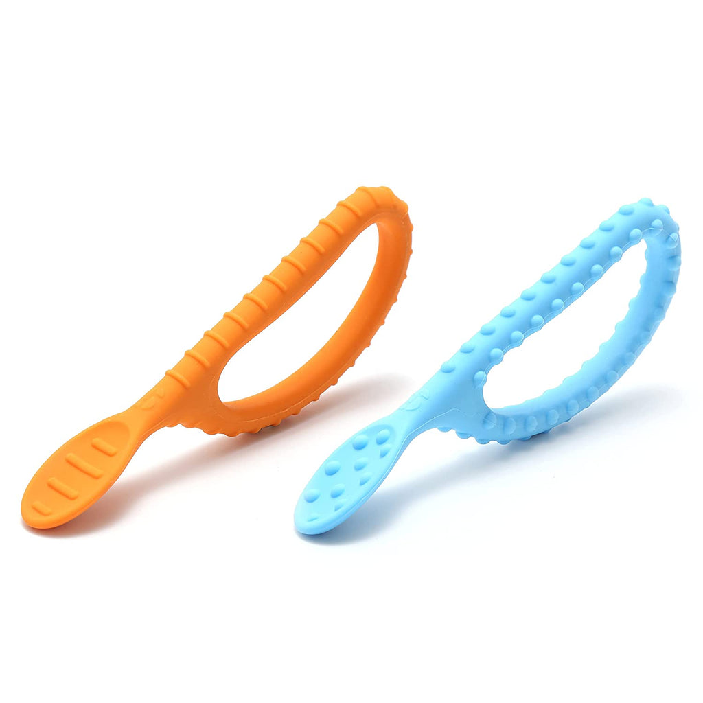 Special Supplies Duo Spoon Loops Oral Motor Therapy Tools, 2 Pack, Textured Stimulation and Sensory Input Treatment for Babies, Toddlers or Kids, BPA Free Silicone with Flexible, Easy Handle - Blue & Orange - Insight Family Market