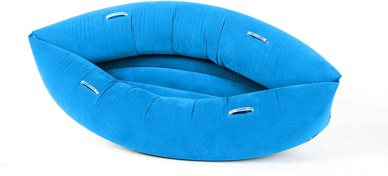Blue inflatable sensory therapy canoe with six handles, designed for sensory play and support