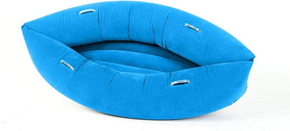 Blue inflatable sensory therapy canoe with six handles, designed for sensory play and support