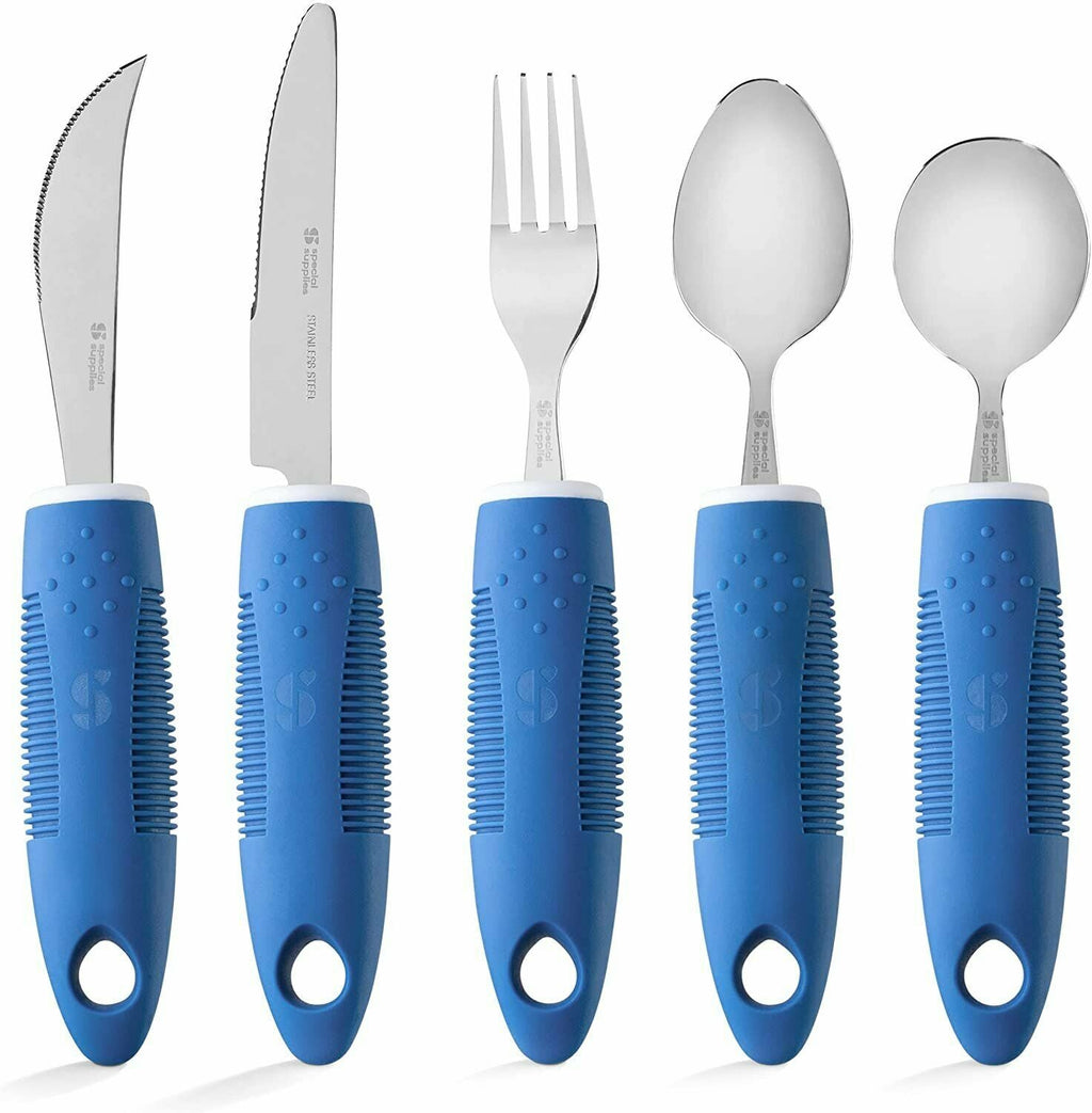 Set of cutlery with blue handles on a white background