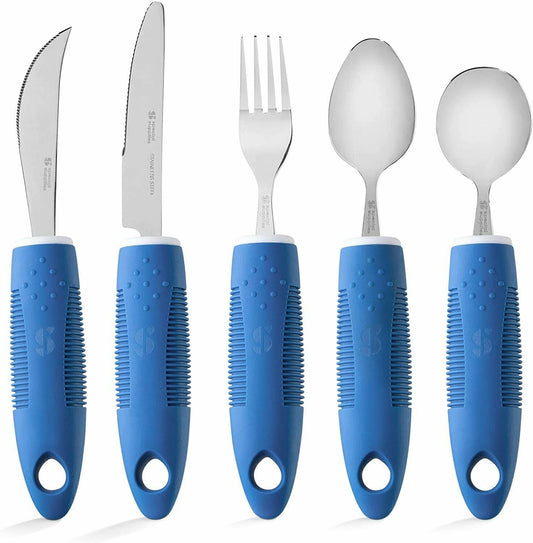 Adaptive Utensils (5 - Piece Kitchen Set) Wide, Non - Weighted, Non - Slip Handles for Hand Tremors, Arthritis, Parkinson?s or Elderly Use - Stainless Steel Knives, Fork, Spoons - Blue - Insight Family Market