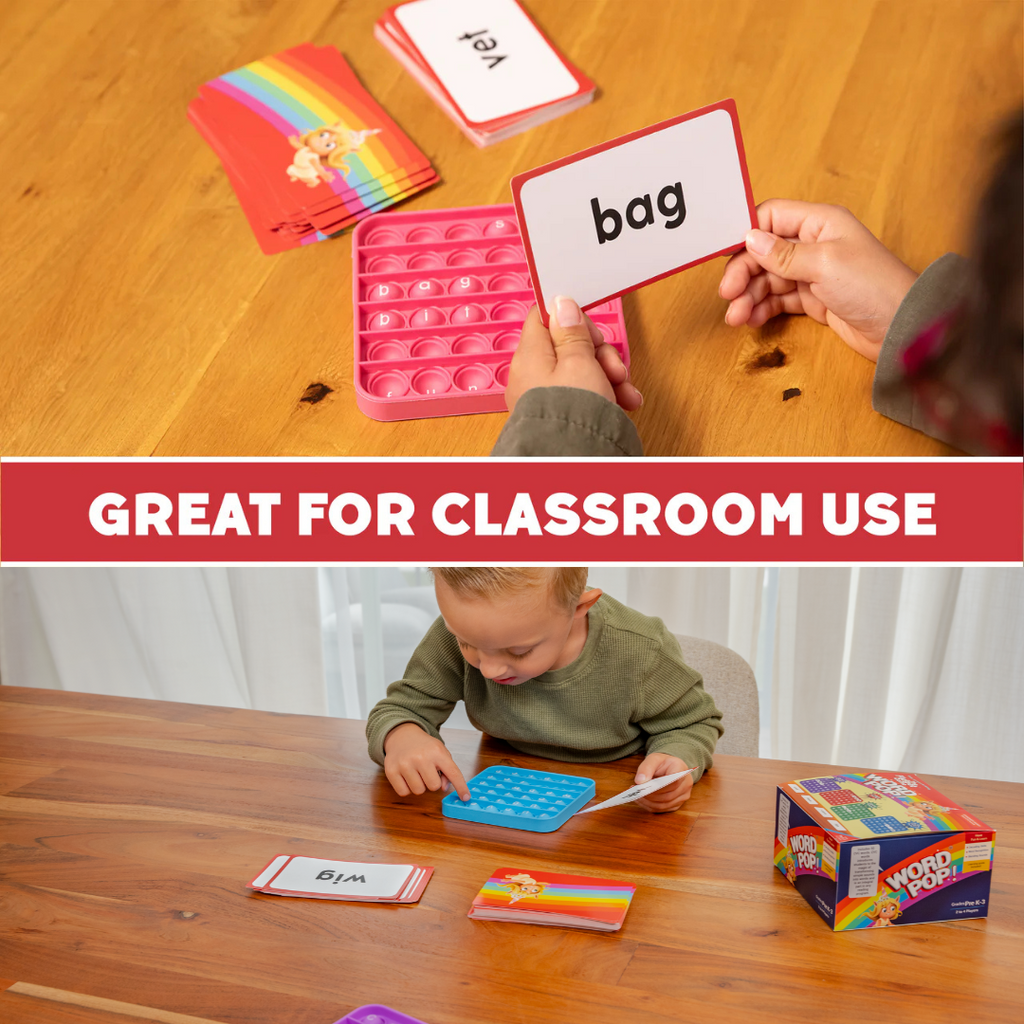Children playing with educational word cards on a wooden table, with text 'Great for Classroom Use'.